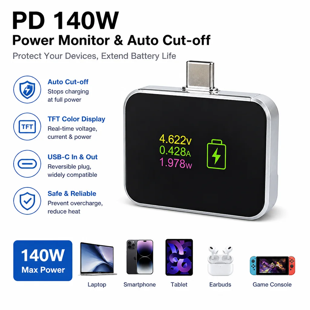 Smart TFT Auto Power-Off Charger Full Charge Detection PD 140W Automatic Disconnect Cut-off For iPhone Android ﻿Accessories