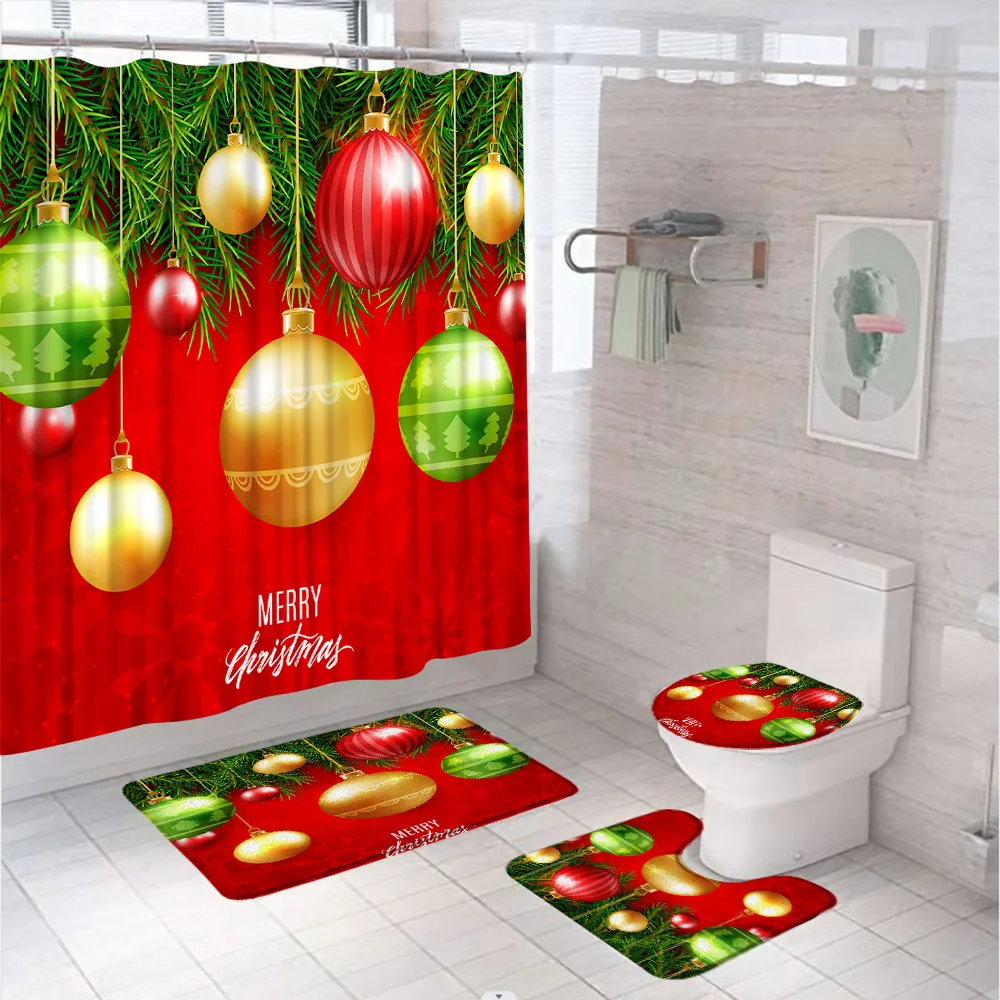 

4Pcs Red Shower Curtain Set Colorful Christmas Ball Snowflakes Non-Slip Rug Toilet Lid Cover Bath Mat Xmas Bathroom Decor Screen