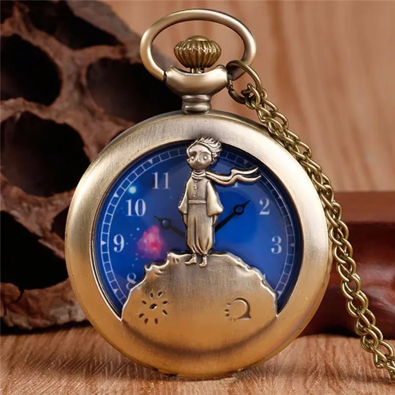 Orologio da tasca con pendente con collana del Piccolo Principe dal design cavo in bronzo vintage