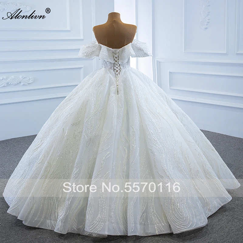 Alonlivn Sweetheart Luxury Shiny Lace Ball Gown Wedding Dresses Off The Shoulder Bridal Skirts