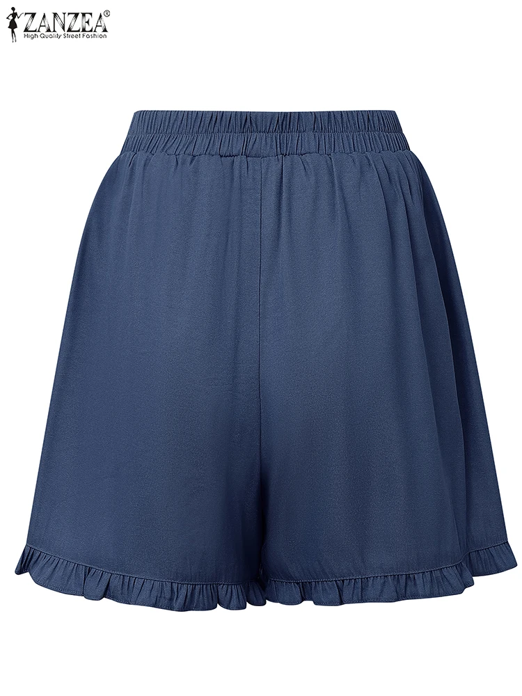 2025 Fashion Women Shorts ZANZEA Women Summer Ruffled Shorts Elegant Pockets Elastic High Waist Solid Color Pants Korean Bottoms