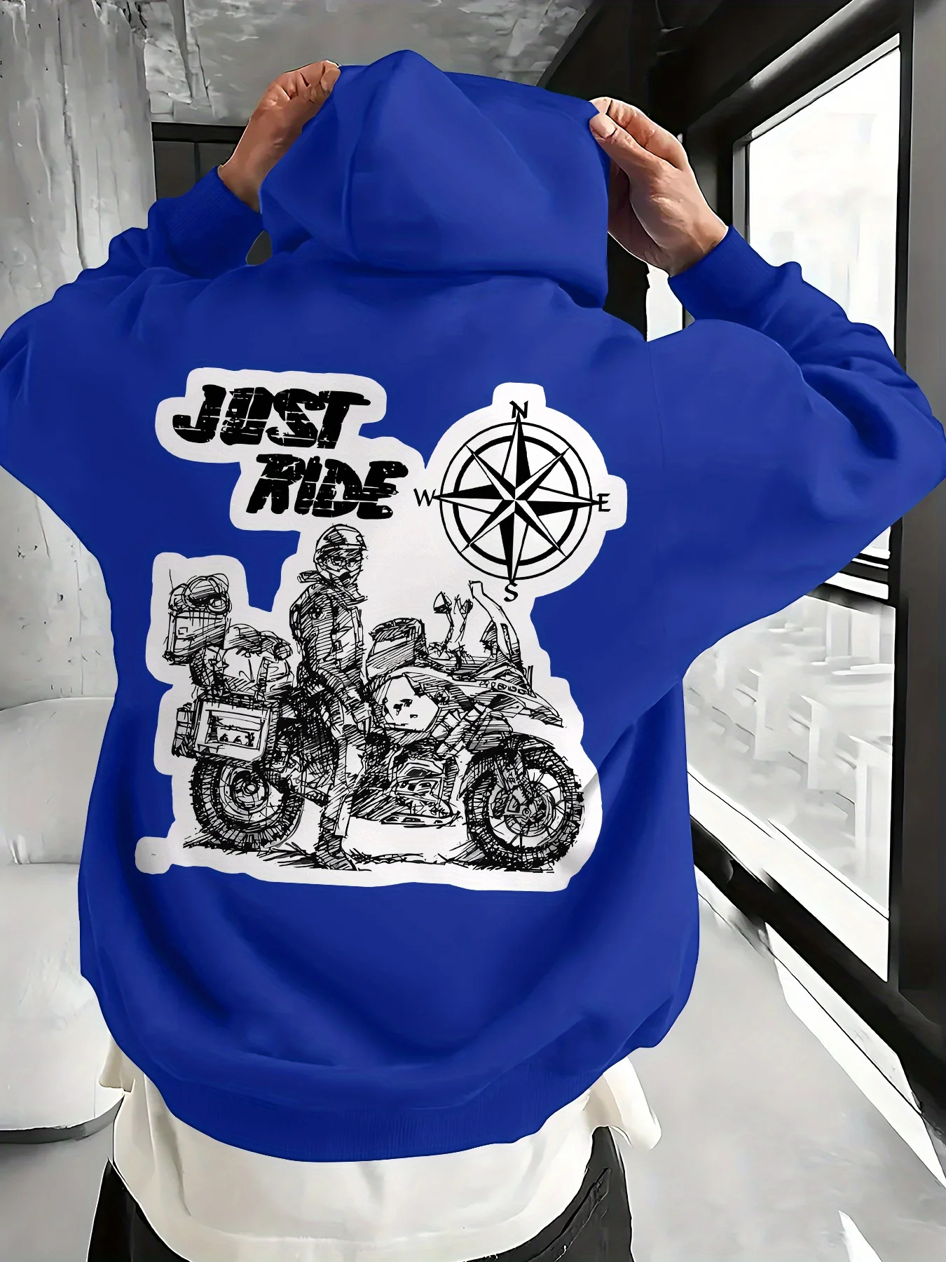 Outdoor exploration men's hooded sweater - Retro motorcycle rider print - American street casual sportswear trend-Autumn/Winter.