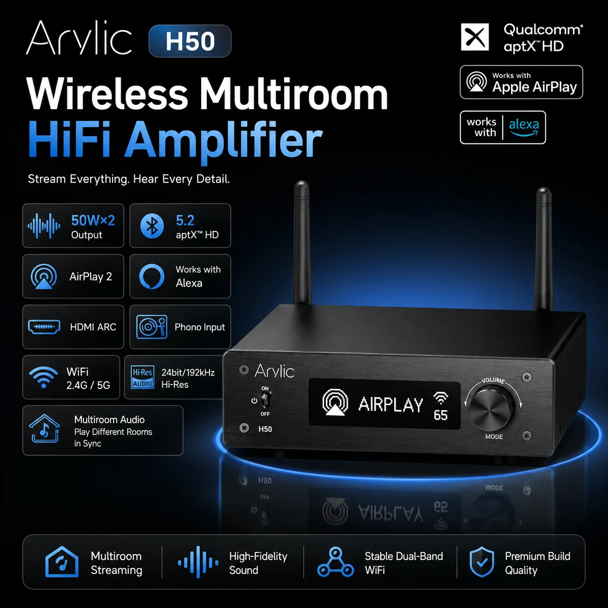 Arylic H50 WiFi Bluetooth 5.2 HiFi Amplifier 50W×2 AirPlay 2 Spotify Tidal Connect HDMI ARC Phono USB DAC Multiroom Amp - view 2