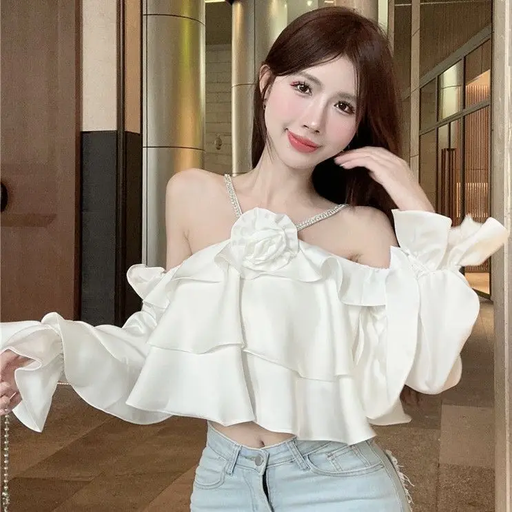 

2025 New Off-Shoulder Statement Top 3D Necklace Strap Long Sleeve Blouse - Unique Chic Shirt​