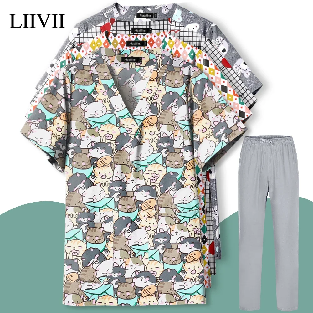 Cute Print Scrub Blouse Cartoon Short Sleeve Scrubs Tops Nurse Doctor Medical Uniform Vet Outwear Nursing Workwear Beauty Shirts