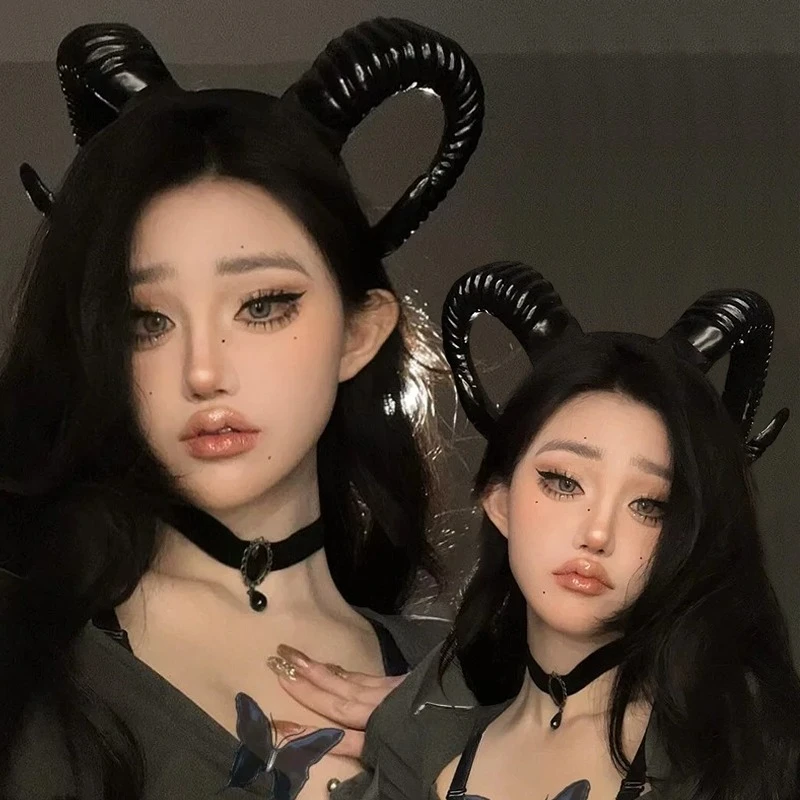 2026 New Gothic Black Goat Sheep Devil Horn Headband Punk Hair Hoop Halloween Carnival Cosplay Party Costume Hair Accessories
