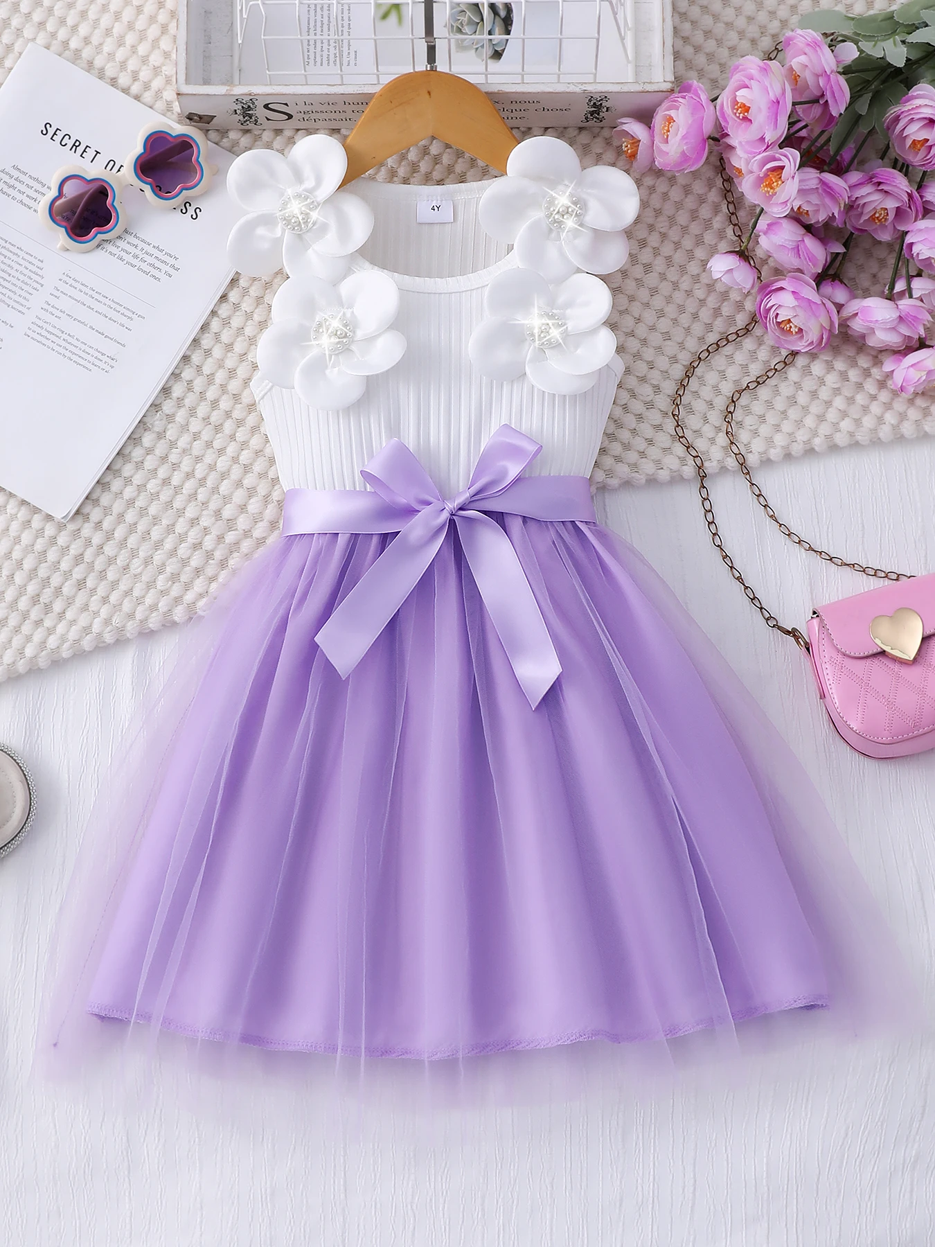 4-7 Years Girls Sweet Purple Tulle Dress - 3D Flower Decor Summer Casual Outdoor Dress