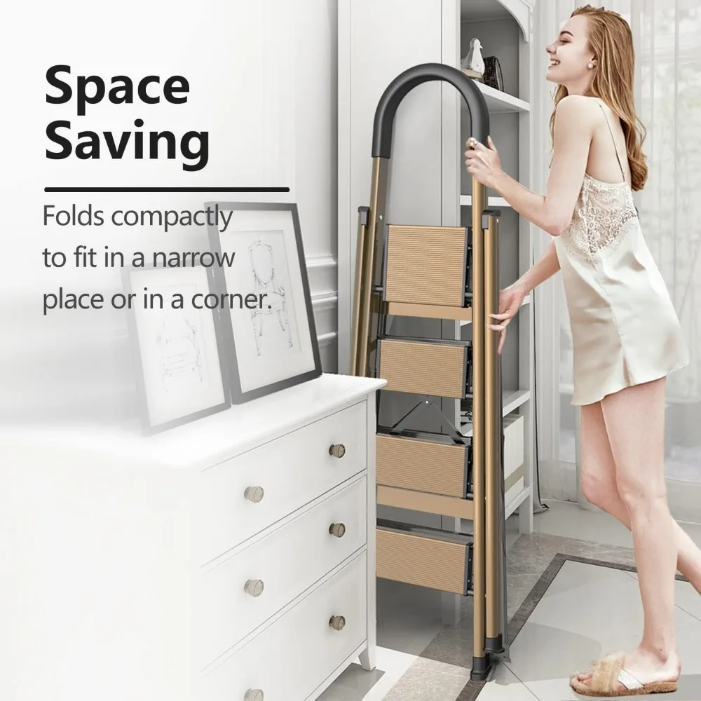 سلم قابل للطي من الألومنيوم خفيف الوزن بأربعة خطوات مع مشطات مضادة للانزلاق وخطوات واسعة لسلامة المطبخ المنزلي والراحة #2