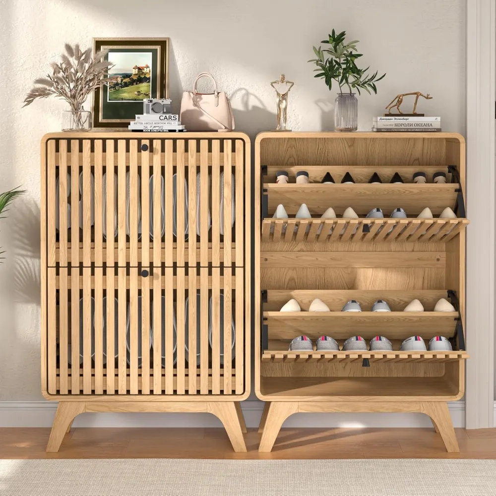 خزانة أحذية رفيعة حديثة للمدخل مع درجين قابلين للطي، رف منظم خشبي مخدد