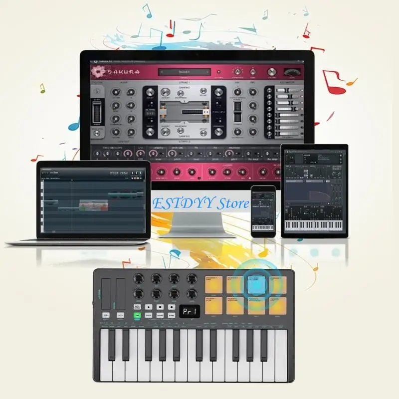 G6DE Professional 25 Portable MIDI Controller with Responsive Keys Colorful Pad