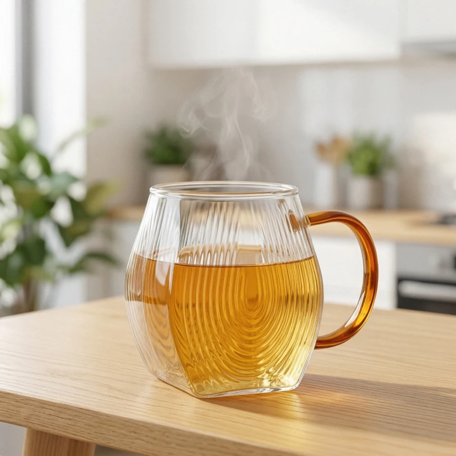 Ripple Glass Mug with Amber Handle - Heat Resistant Borosilicate Coffee Cup for Home Office - Elegant Textured Drinking Water Te