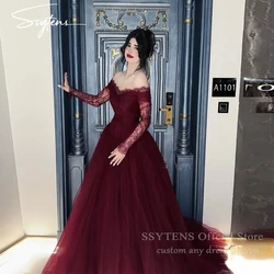 SSYTENS Burgundy Lace Evening Dresses Saudi Off The Shoulder Pleats Wedding Prom Dresses Dubai Formal Prom Gown Woman Customized