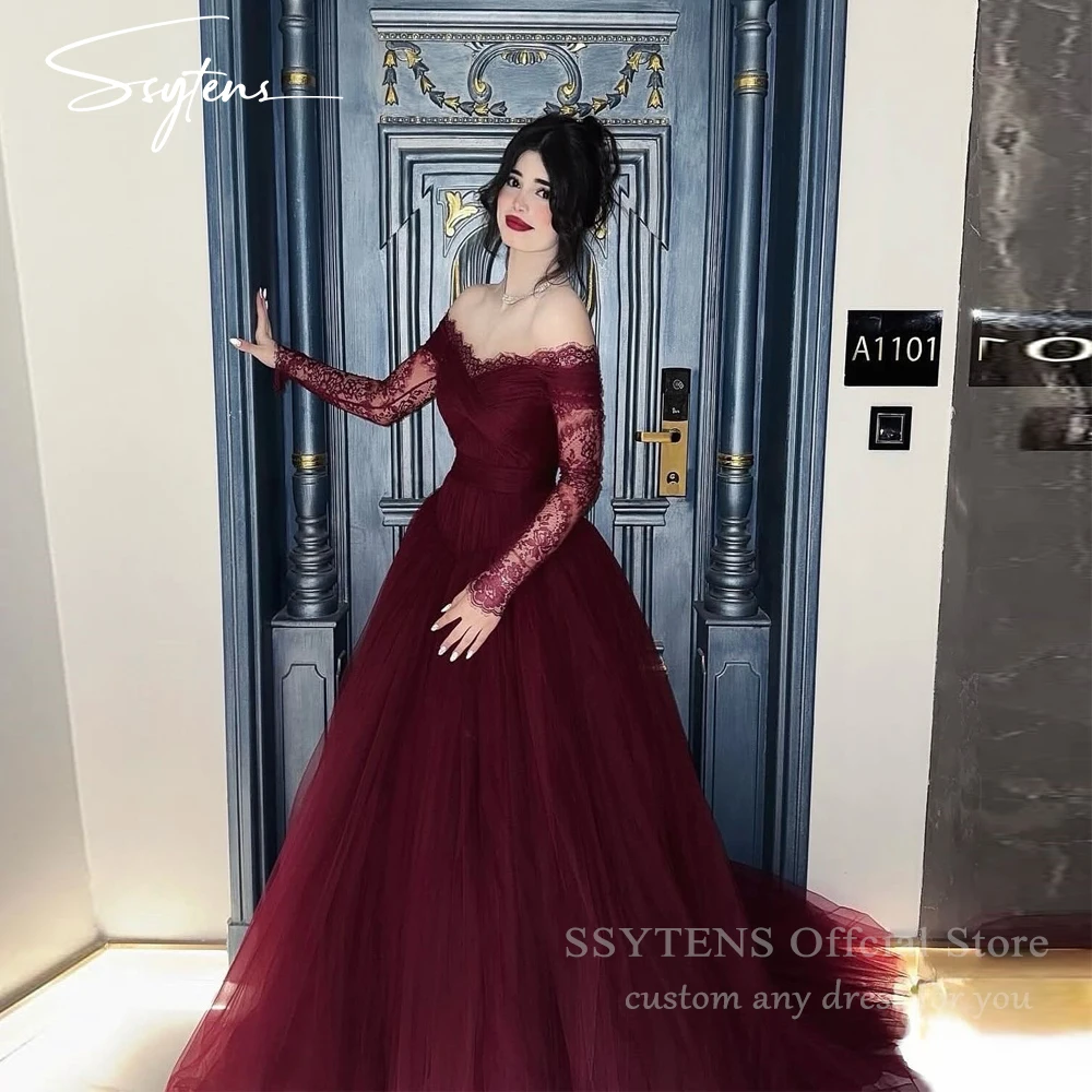 SSYTENS Burgundy Lace Evening Dresses Saudi Off The Shoulder Pleats Wedding Prom Dresses Dubai Formal Prom Gown Woman Customized