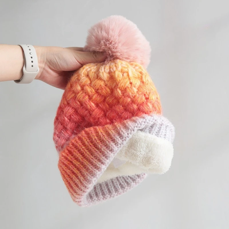 2025, neue verdickte Fleece-Strickmütze mit Farbverlauf für Damen und Herren, Outdoor-Strickmütze im Kopf-Stil, warme, gemütliche Strickmütze – Detail 14
