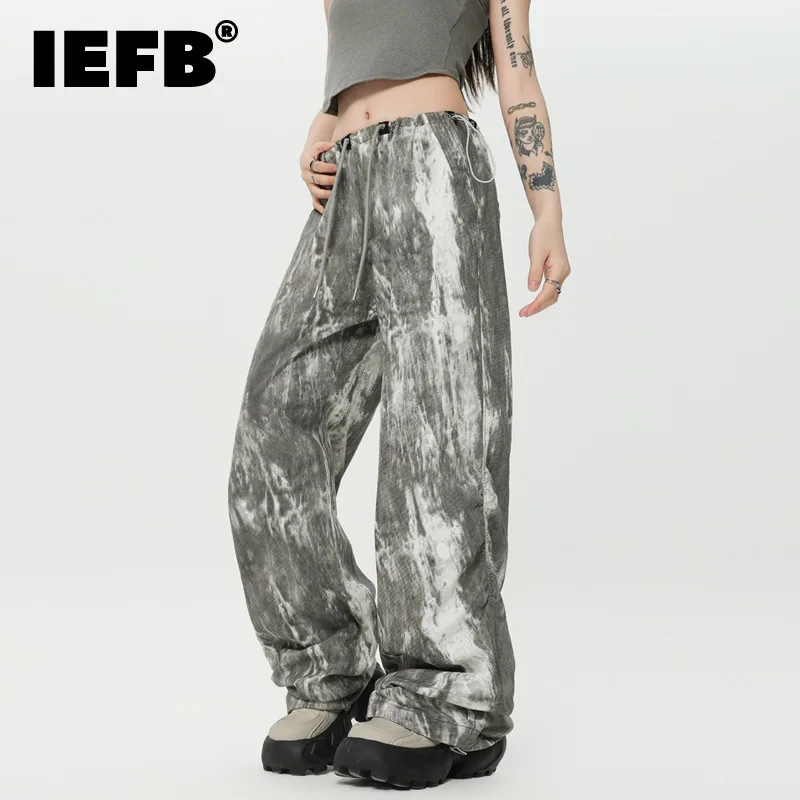 

IEFB American Retro Men's Overalls Straight Leg Drawstring Thin Men's Ink Tie-dye Cargo Pants Summer Autumn Male Fashion 9C6629