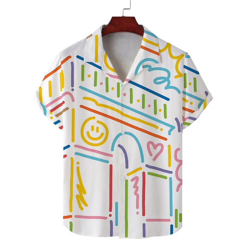 

Men's Summer Cuban Collar Short Sleeve Shirt Colorful Line Drawing Print Men's Comfortable Breathable Shirt