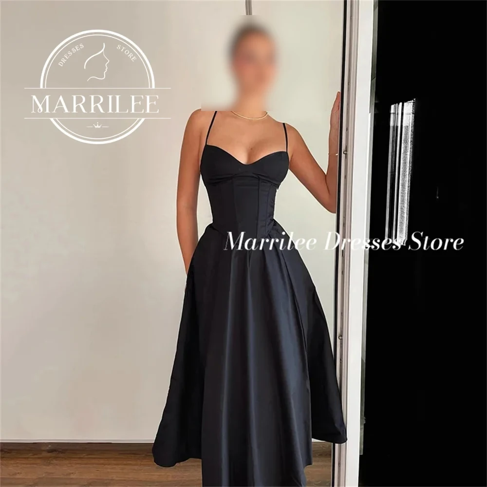 Marrilee Sexy Sweetheart Black Spaghetti Strap Stain Evening Dress Charming A-Line Tea Length Sleeveless Pleated Prom Party Gown