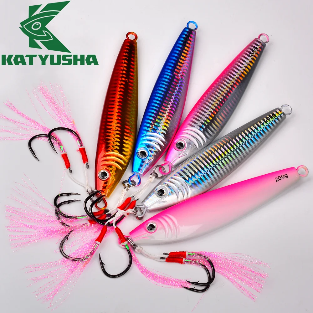 

KATYUSHA Deep Sea Vertical Slow Shake Metal False Lure 1PC 20-200g with Red Feather Auxiliary Hook Tuna Grouper Sea Fishing Bait