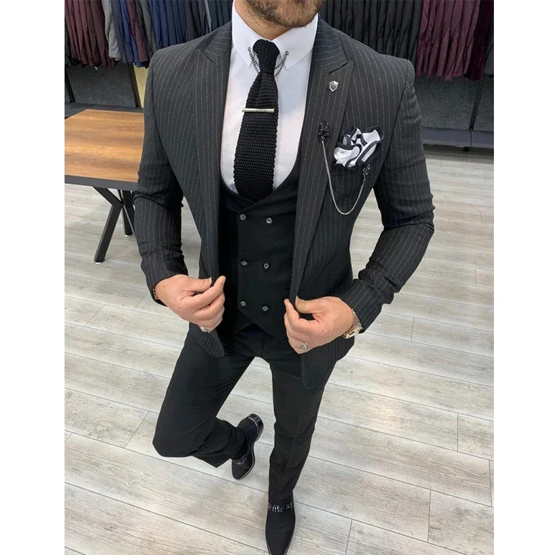 3 Piece Slim Fit Men Suits With Striped Business Jacket Formal Groom Tuxedo For Wedding Dinner Male Fashion Vest With Pants 2021