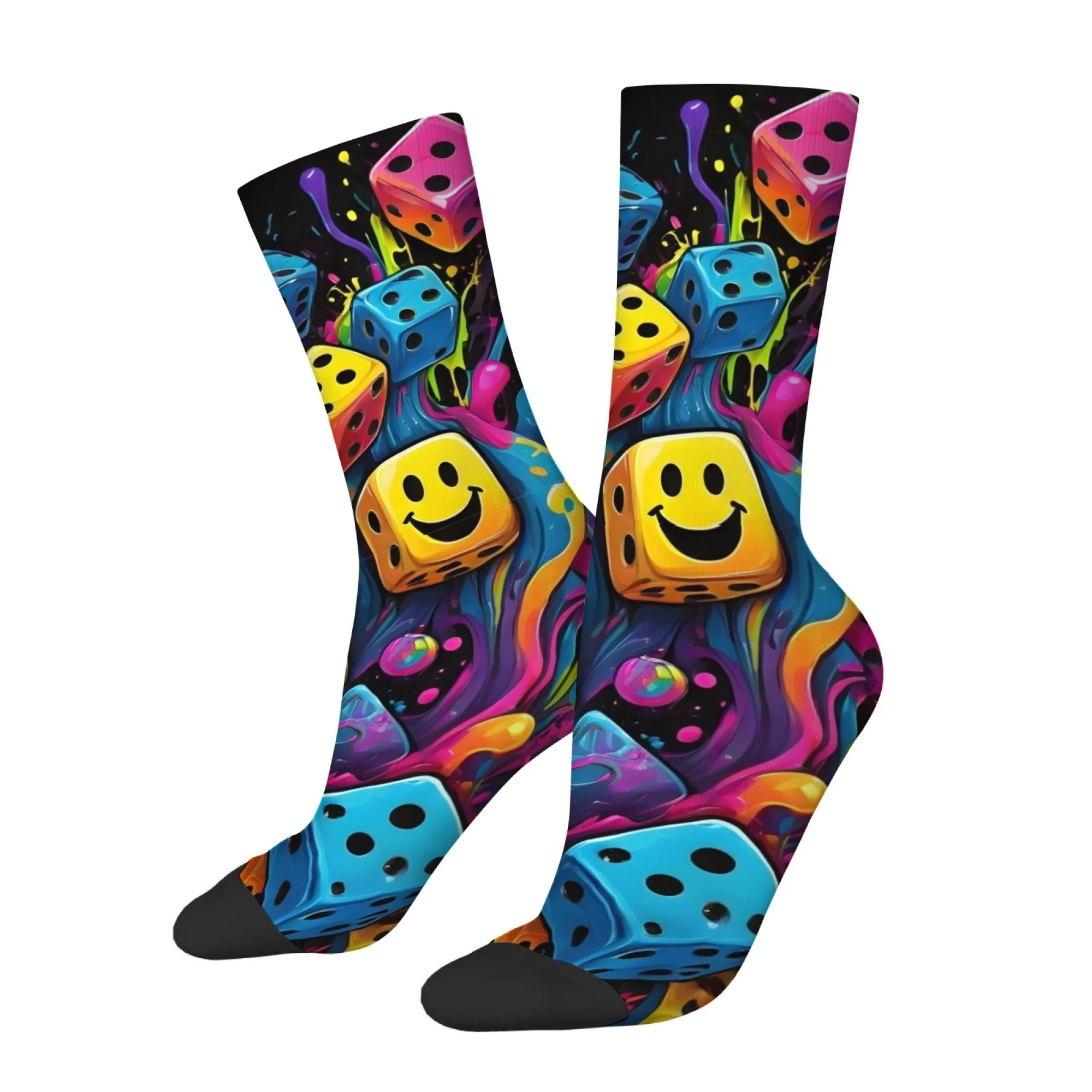 Neon Dice Smiley Face Graffiti Men's Mid-Calf Socks New Cyberpunk Street Game Style Comfortable Socks Gift for Game Lovers