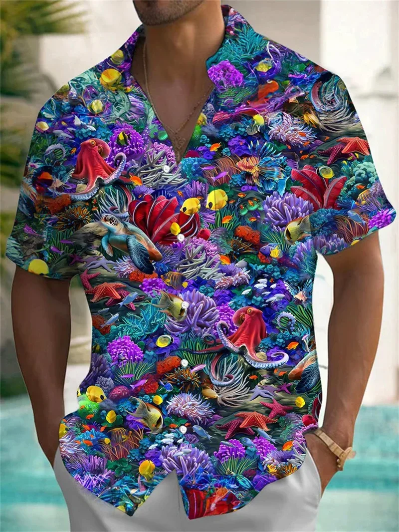 Men's Personalized Custom 3D Flower and Bird Shirt Short-sleeved Lapel Button Hawaiian Beach Outdoor Shopping Fashionable Thin