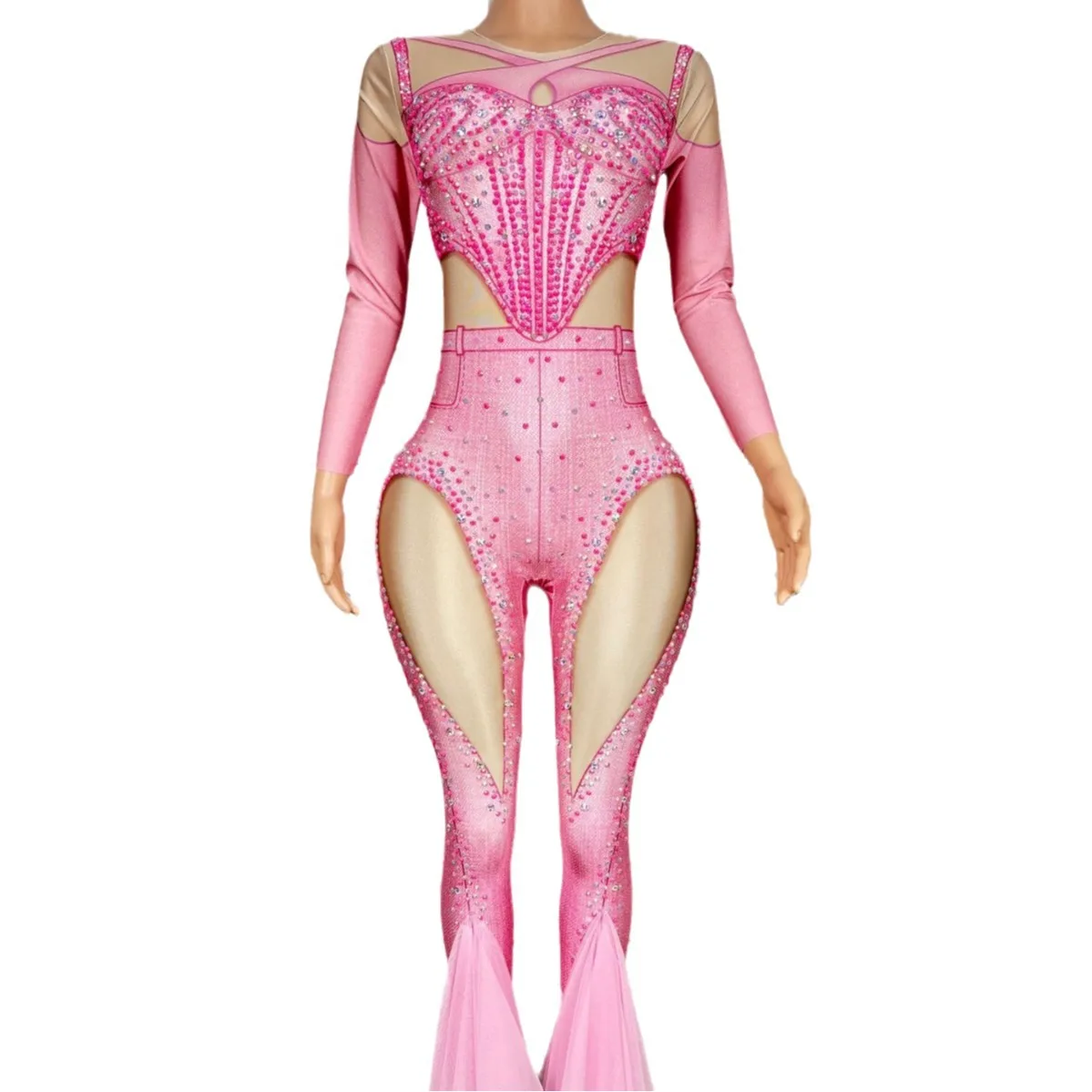 

Costume Nightclub Bar Girl Full Diamond Pink Onesie Singer Dance Team Girl Group Performance Vestido De Gala Performance Outfits