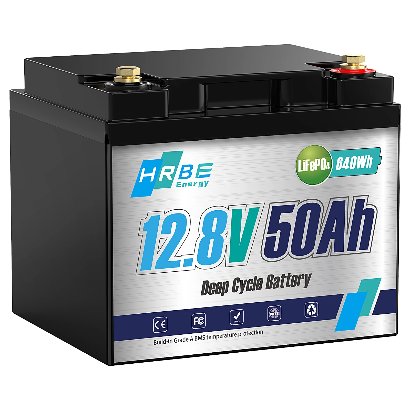 HRBEEnergy 12V 50AH LiFePO4 Lithium Battery Pack 50A BMS 4000+Cycle For Home Energy, RV, Trolling Motor, Marine, Solar, Off-Grid