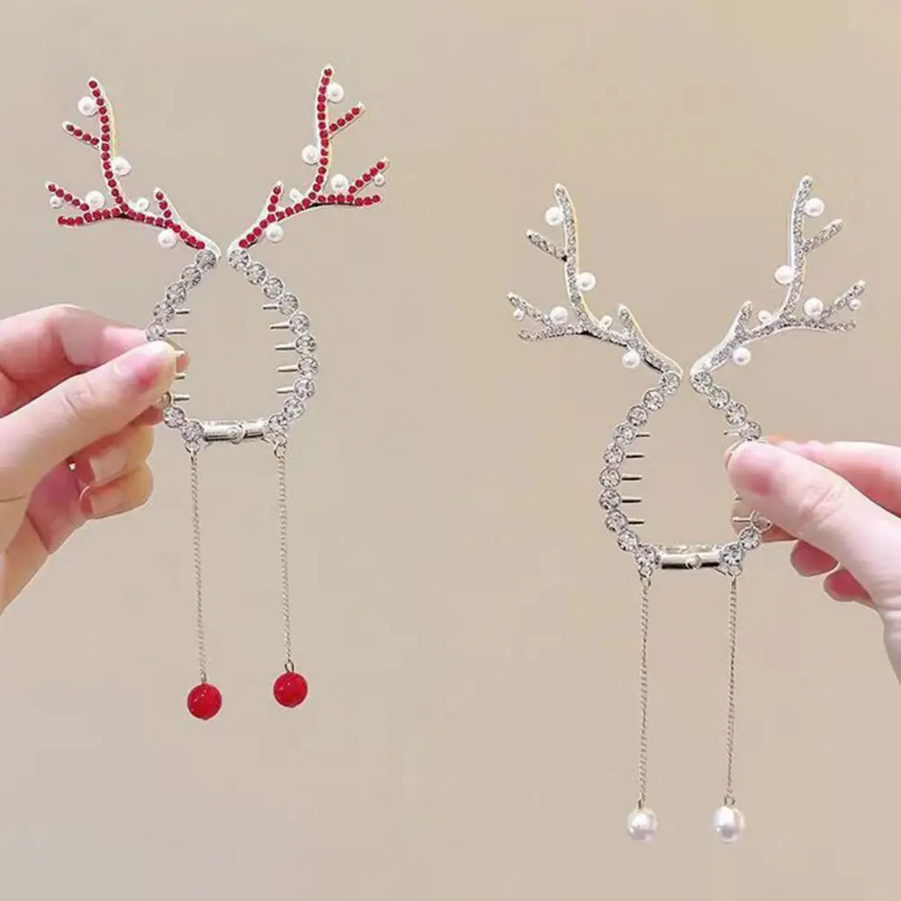 Durable Christmas Hairpin Festive Christmas Reindeer Hair Accessories Set with Rhinestones Pearls Ponytail Bun for Holiday