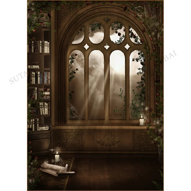 Goth Fairy Tale Old Palace Bookshelf Arch Window Baby Portrait Backdrops Halloween Photo Backgrounds