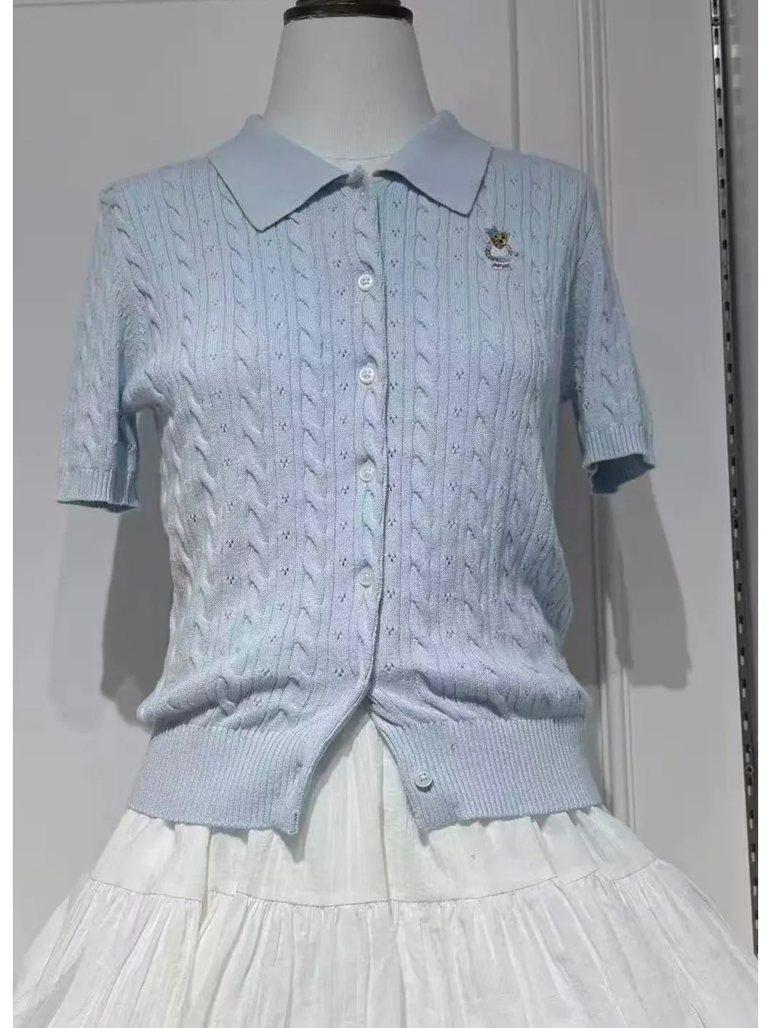 Sweet Style Bear Embroidery Linen Knitted Short Sleeve Open Cardigan Women's Slim Fit Versatile Slimming Top Moisture Wicking