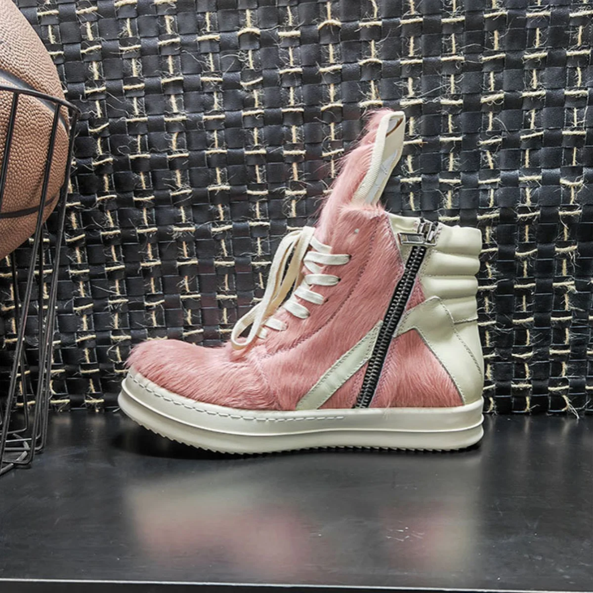 R-o Classic Boots Men Shoe Pink Horse Hair Women High Top Shoes Sneaker White Leather Pink Horsehair Ankle Boot Outside Sneakers