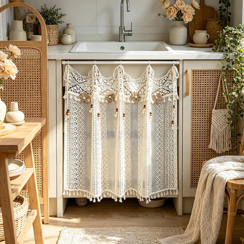 1PC Boho Beige Geometric Hollow Short Curtain 3D Flower and Bead Tie Top Design For Kitchen Cabinets Small Window Home Decor