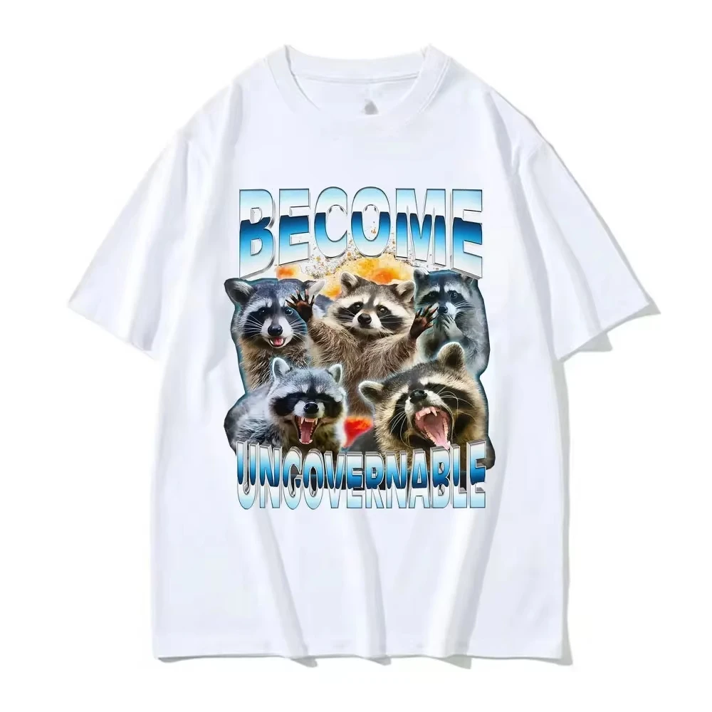 

Футболки с забавным мемом енота «Become Ungovernable» для женщин, винтажная графическая футболка Y2K, с коротким рукавом, круглым вырезом, топы, индивидуальный дизайн