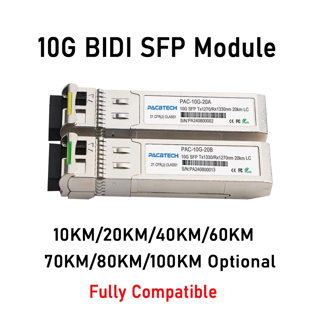 Transceptor de módulo de fibra 10G SFP + BIDI 10KM,20km,40km,60km,70KM,80KM,100KM LC WDM 1270/R1330nm Cisco Mikrotik Use 2 peças