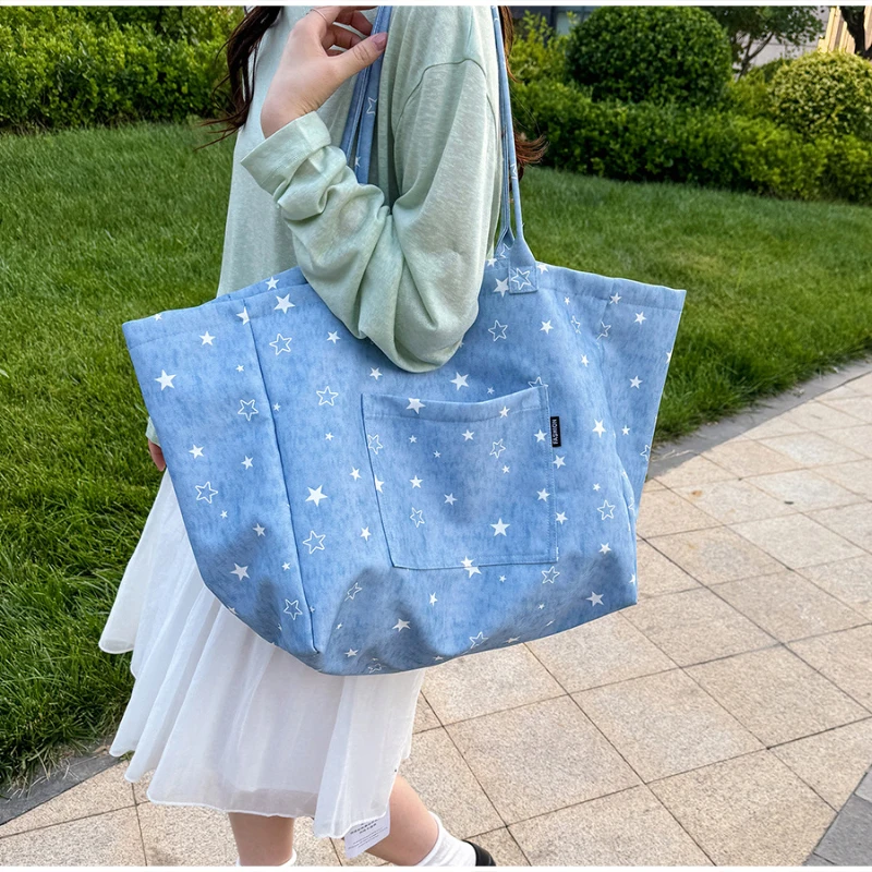 Koreanische Tragetasche mit Sterndruck, Damen-Shopper-Schultertasche, geräumige Handtasche für den täglichen Gebrauch, einfarbig, vielseitig, minimalistisch – Detail 28
