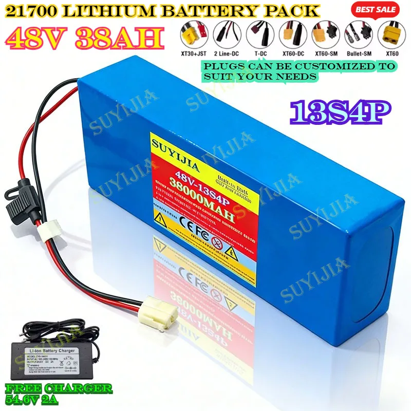 

SUYIJIA 48V 38Ah 13s4p 21700 High-Power Rechargeable Lithium Battery Pack Built-in 30A BMS Protection +54.6V 2A Charger