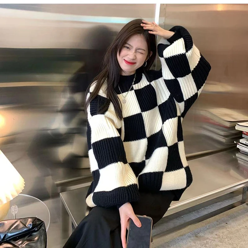 Gidyq Women Checkerboard Knitted Sweater Autumn Korean Casual Warm Loose Long Sleeve Top Female Streetwear All Watch Jumper New