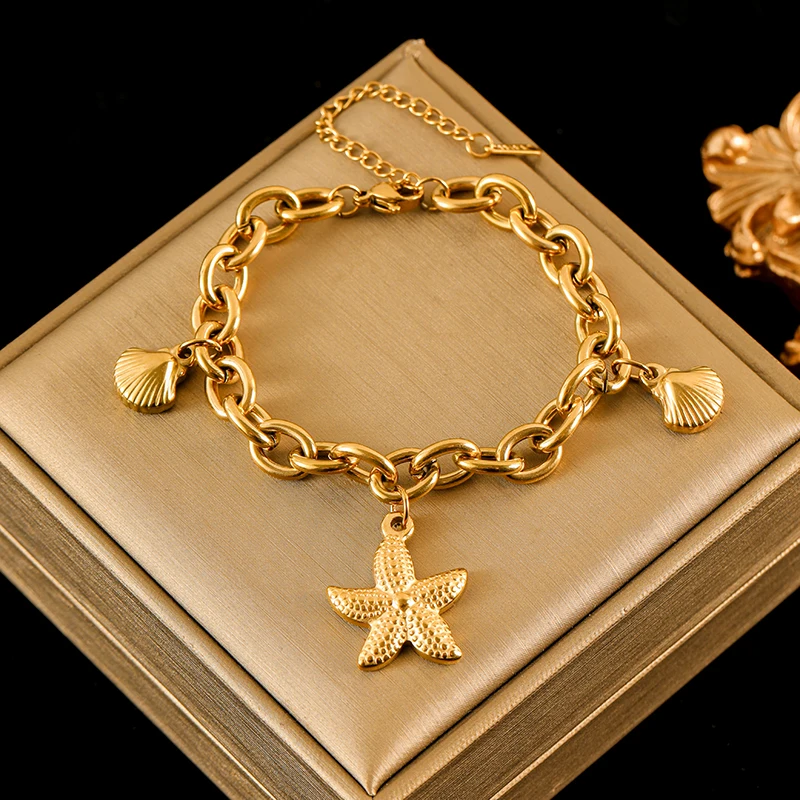 EILIECK 316L Edelstahl Gold Farbe Seestern Mond Sterne Charm Armband Für Frauen Neue Trendy Handgelenk Kette Schmuck Geschenk Party