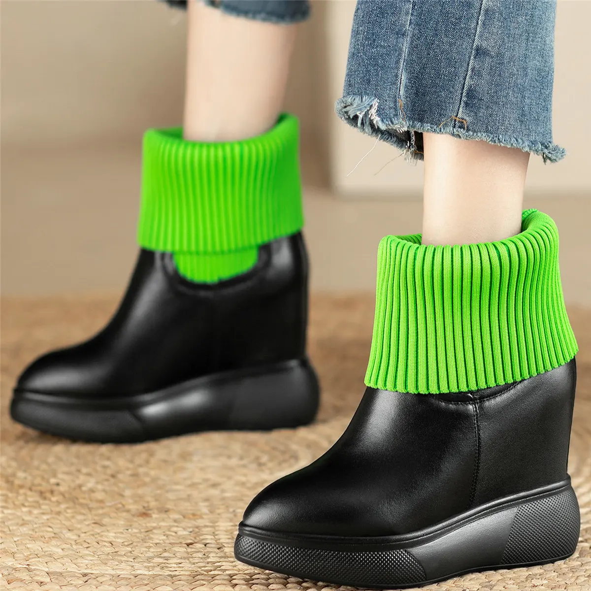 Knitting Stockings Fashion Sneakers Women Genuine Leather Wedges High Heel Ankle Boots Female Pointed Toe Platform Pumps Shoes