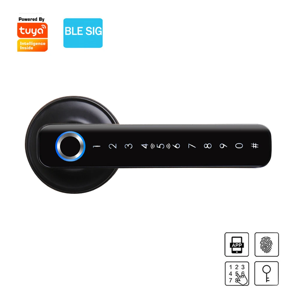 

Tuya Smart BLE Biometric Fingerprint Door Lock Smart Digital Handle Lock Password Key APP Remote Unlock Security Electronic Lock