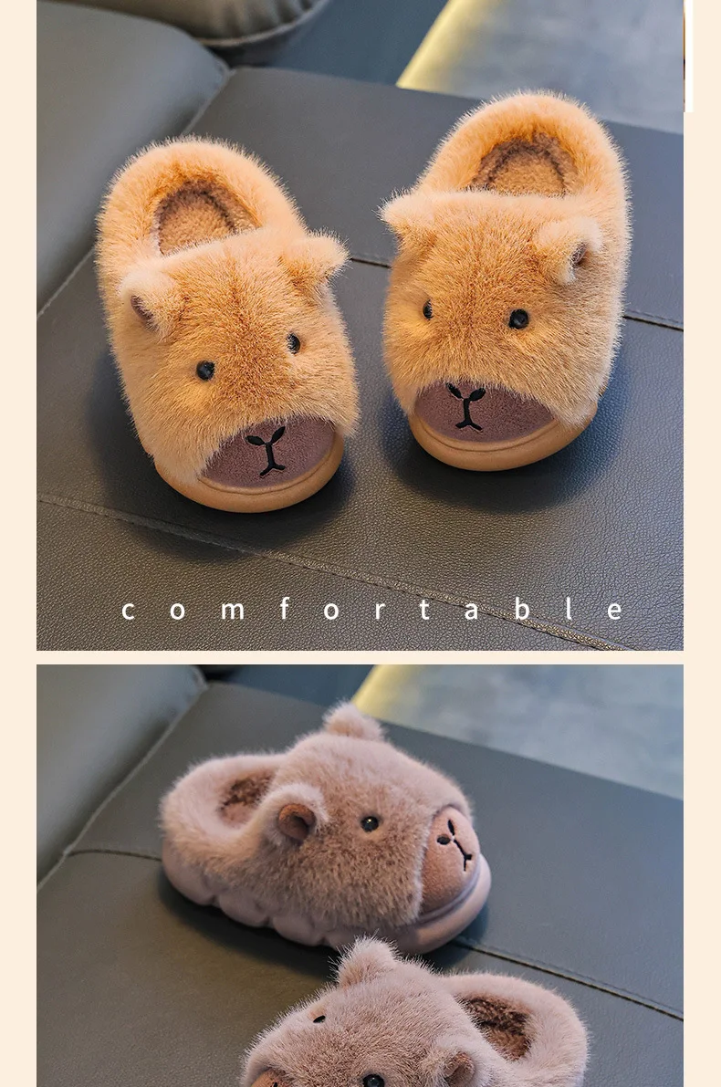 Capybara Kinder Hausschuhe Niedliche Flauschige Winter 2025, Indoor Hause Baumwolle Schuhe Frau Warme Bequeme Cartoon Plüsch Boden Schuhe – Detail 8