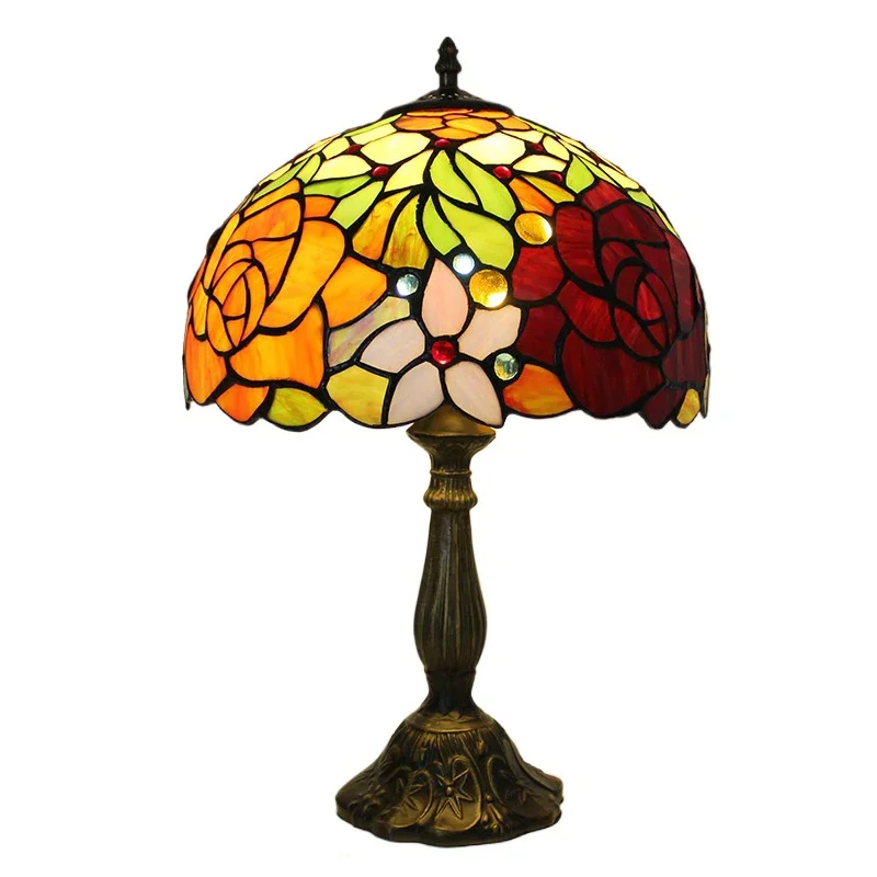 12inch 30cm Rose Stained Glass Tiffany Lampshade Pastoral Bedside Table Lamp Lamparas De Mesa Desk Night Light