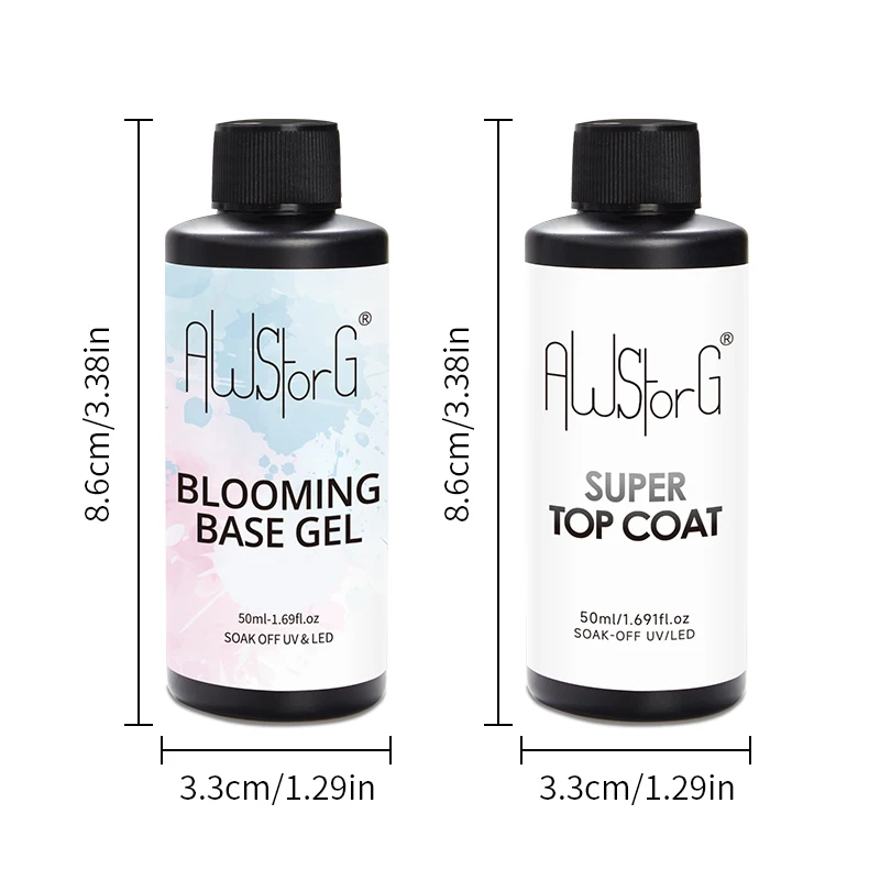 AWStorG 2 Teile/satz 50 ml Super Top Coat Und Klare Blühende Basis Gel Nagellack UV LED Soak Off Nail art Nagellack zum Verbreiten
