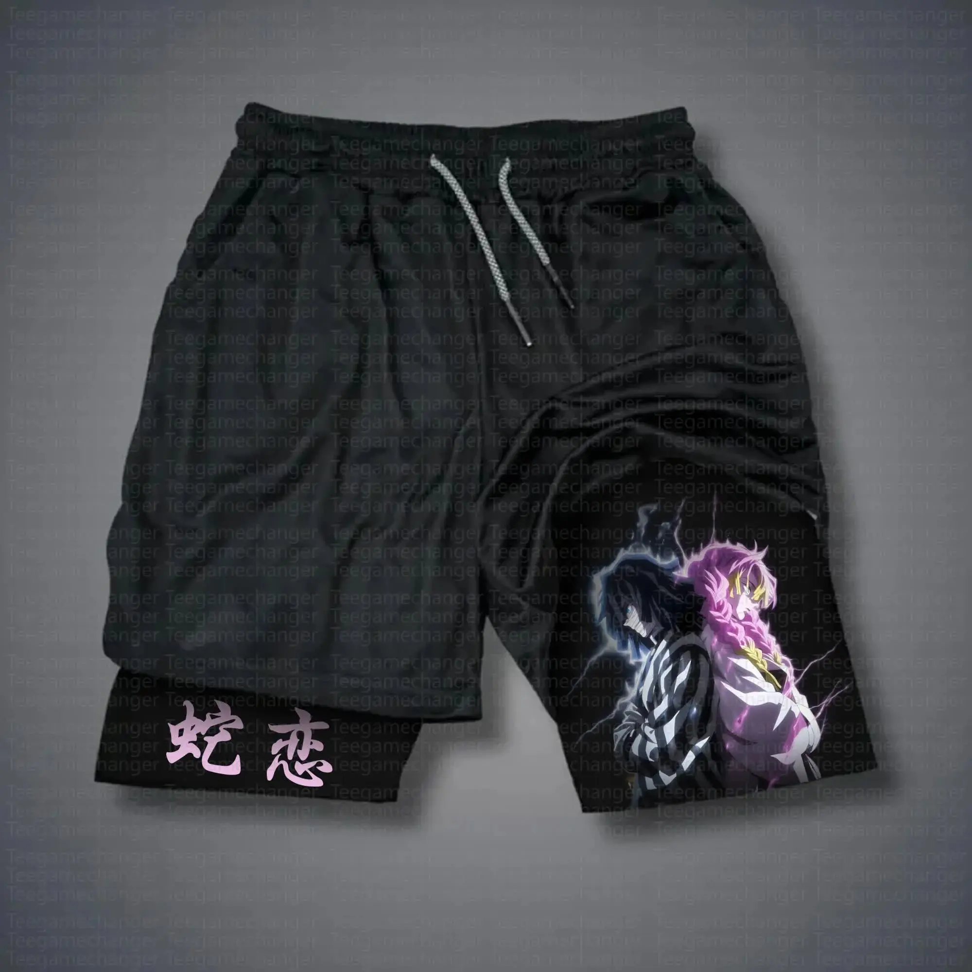 

Demon Slayer Black Shorts Nezuko Zenitsu Print Pink Snake Love Text Purple Aura Elastic Waist Drawstring Kimetsu No Yaiba Pants