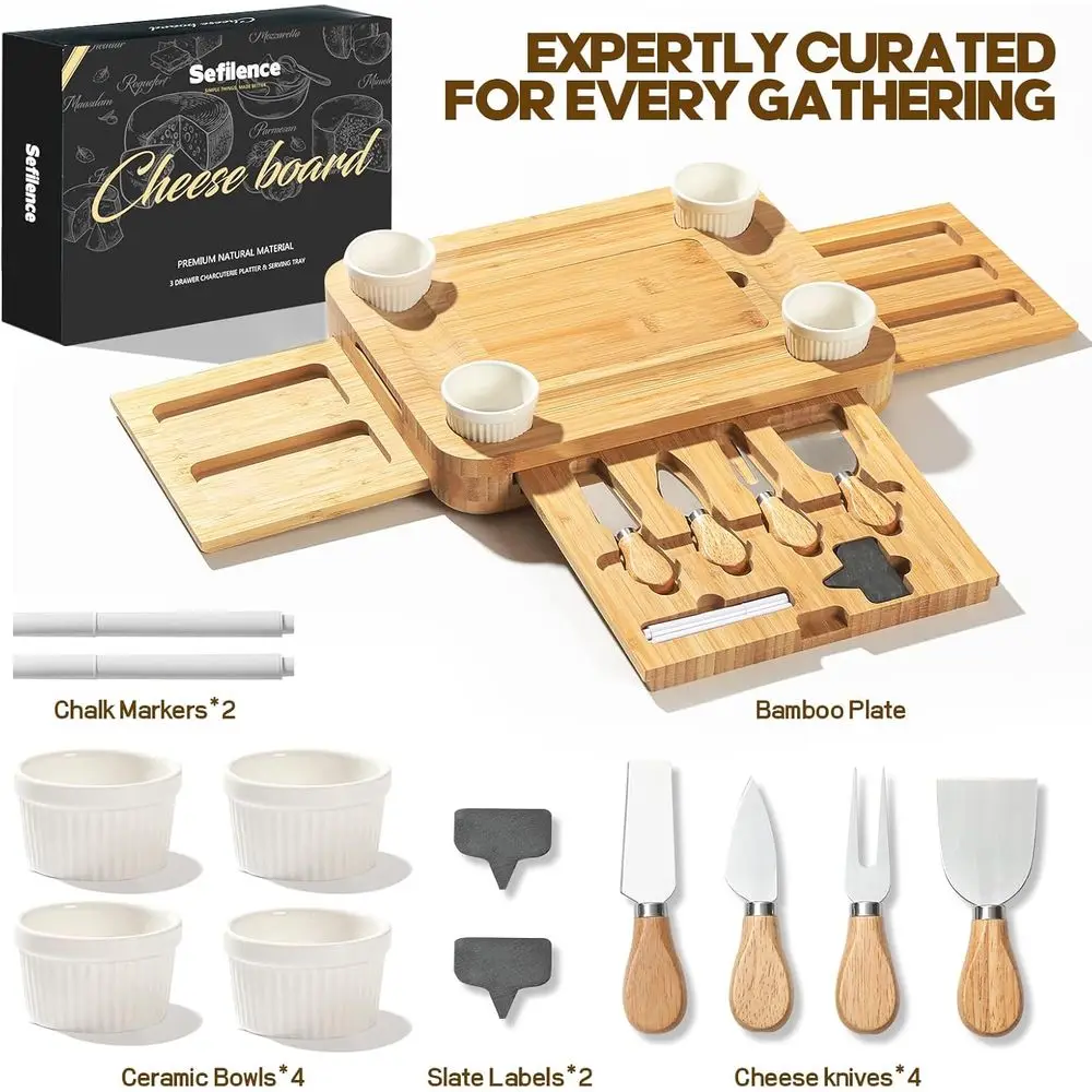 Portable Bamboo Charcuterie Board with Lid and Handle, Travel-Friendly Snack Box, Compact Cutting Board with 3 Hidden Drawers fo