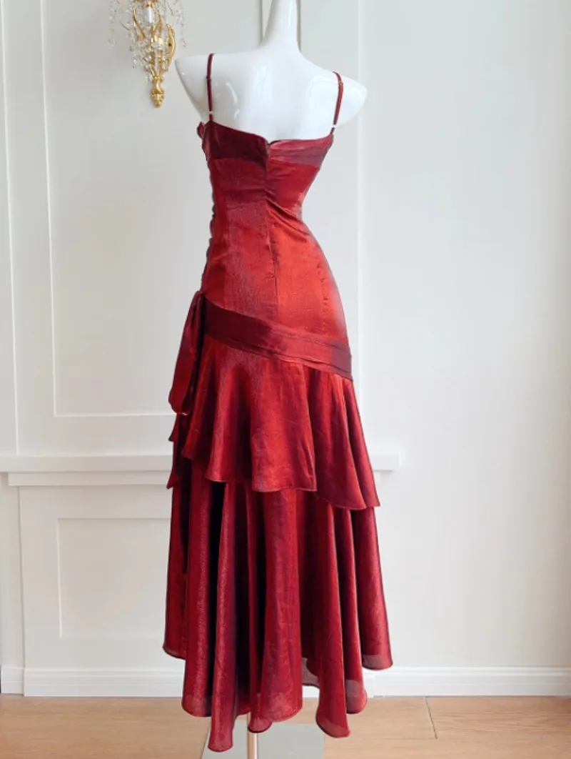 Vermelho em camadas babados vestido amarrado feminino elegante sem mangas roupas vintage senhora festa de férias streetwear chique vestidos bodycon