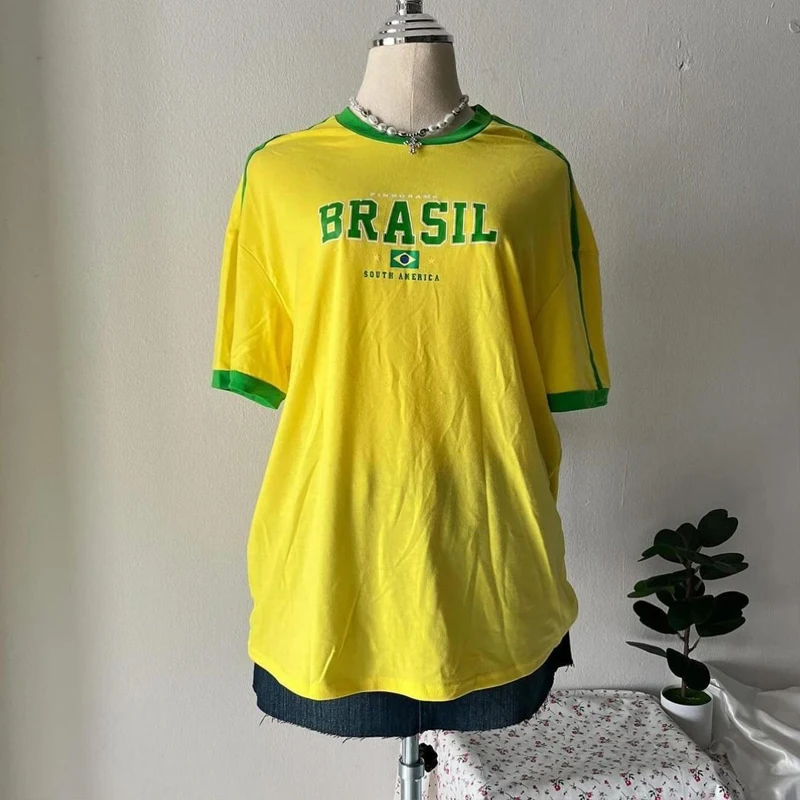 Brazil Letter Print Green T-shirt Women Summer Harajuku Casual Short Sleeve Y2k Crop Top Grunge Aesthetic Streetwear Sexy Tees