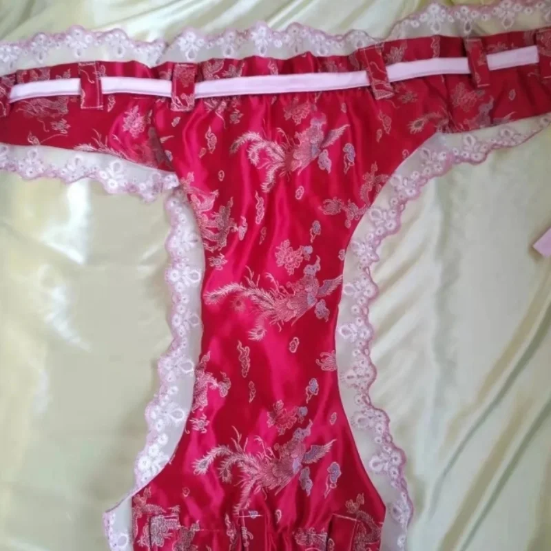 رجل مثير مزدوجة الطبقات الساتان ملخصات الدانتيل والتطريز لينة حريري اللمس امرأة قابل للتعديل حزام السراويل ملابس تنكرية للحفلات الخاصة