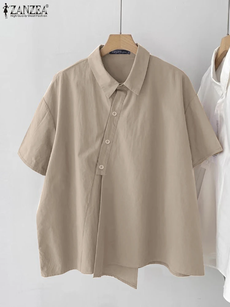 

ZANZEA 2025 Fashion Summer Shirt Women Short Sleeve Lapel Neck Tops Korean Solid Buttons Office Blouse Casual Loose Tunics Femme