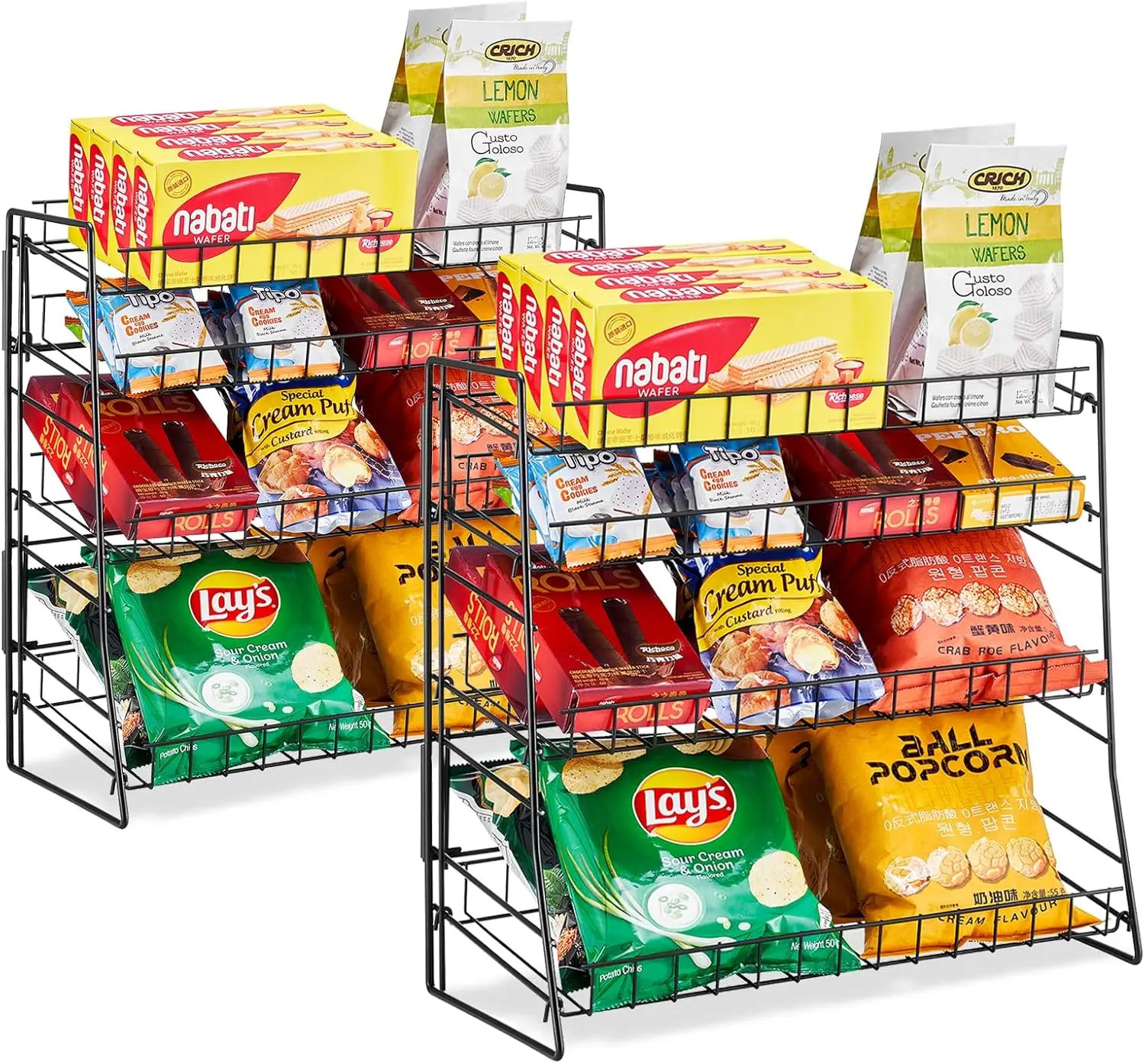 

Candy Display Rack, Chip Rack Display Stand, Wire Metal Snack Shelf for Stores, Kitchen, Office, 2 Pack, Black
